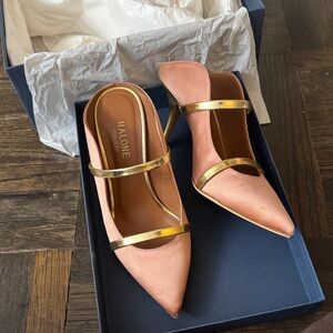 Authentic Used Malone Souliers Pink Blush and Gold Women's 70MM Heels Size 37